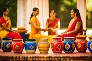 a group of women in saris sitting around colorful pots. AI-Generated photo