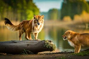 dos perros en pie en un Iniciar sesión cerca un lago. generado por ai foto