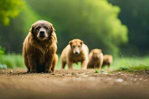 un grupo de perros son en pie en un suciedad la carretera. generado por ai foto