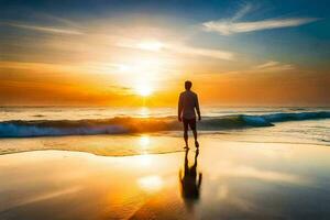 a man standing on the beach at sunset. AI-Generated photo