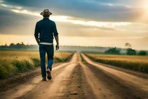 hombre caminando en un suciedad la carretera a puesta de sol. generado por ai foto