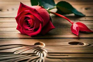 a single red rose laying on a wooden table. AI-Generated photo