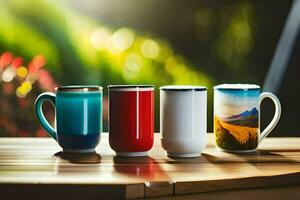 four coffee mugs on a table with a blurry background. AI-Generated photo