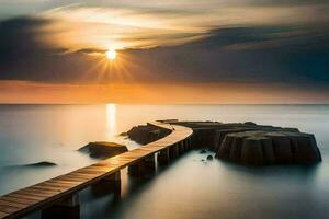 a long exposure photograph of a pier in the ocean. AI-Generated photo