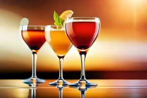 three glasses of wine with a lemon slice. AI-Generated photo