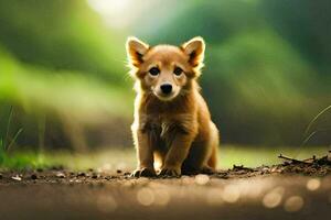 a puppy is sitting on the ground in the middle of a field. AI-Generated photo