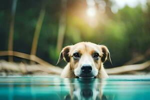 un perro es nadando en el agua. generado por ai foto