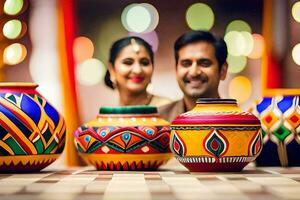 a couple posing with colorful pots on a table. AI-Generated photo