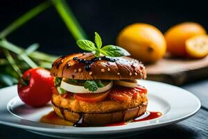 a hamburger with tomatoes and cheese on a white plate. AI-Generated photo