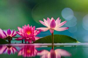 pink lotus flowers in the water with green leaves. AI-Generated photo