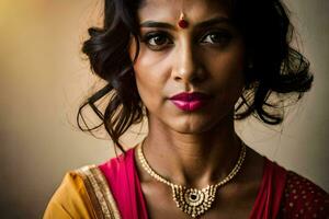un mujer en un sari con un oro collar. generado por ai foto