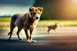 a dog and a deer are standing on the road. AI-Generated photo