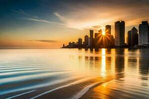 the sun rises over the city skyline in dubai. AI-Generated photo