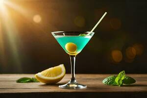 blue cocktail with lemon and mint on a wooden table. AI-Generated photo