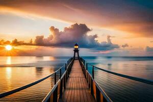 a lighthouse stands on a pier at sunset. AI-Generated photo