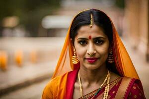 un mujer en un naranja sari con oro joyas. generado por ai foto