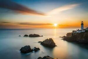 the sun sets over a lighthouse on the ocean. AI-Generated photo
