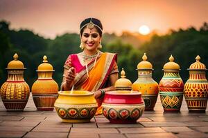 a woman in an indian sari is holding a pot with colorful pots. AI-Generated photo