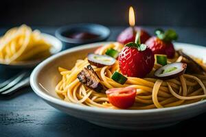 a plate of spaghetti with strawberries and a candle. AI-Generated photo