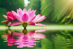 lotus flower in water with green leaves. AI-Generated photo