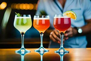 three different colored cocktails are lined up on a bar. AI-Generated photo