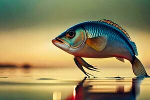 a fish is standing on the water at sunset. AI-Generated photo