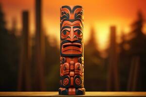 A carved Native American totem isolated on a sunset gradient background photo