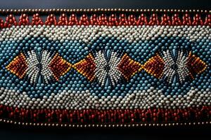 Close up of intricate Native American beadwork background with empty space for text photo