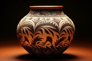 An intricate Native American pottery piece isolated on a gradient background photo