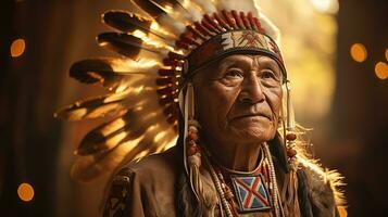 Native American tribal chief in traditional ceremonial regalia performing ancestral dance photo