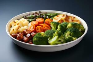 A nutritious diabetic friendly meal with vegetables isolated on a gradient background photo