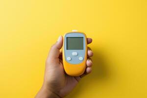 A person checking their blood sugar levels isolated on a gradient background photo