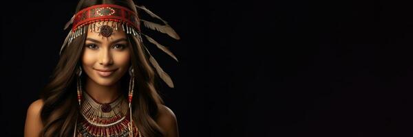 Native American woman in festive regalia isolated on a gradient background photo