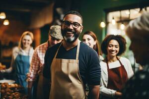 Group of volunteers serving food to homeless youth background with empty space for text photo