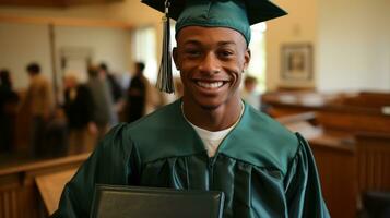 Homeless youth proudly displaying graduation cap after overcoming countless challenges photo