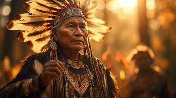 Native American tribal chief in traditional ceremonial regalia performing ancestral dance photo