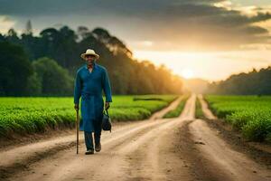 un hombre caminando abajo un suciedad la carretera con un caña. generado por ai foto