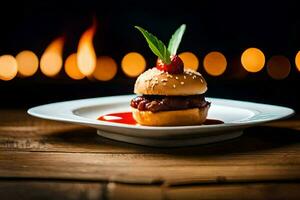 a hamburger on a plate with a candle in the background. AI-Generated photo