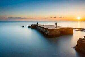 un hombre en pie en un muelle a puesta de sol. generado por ai foto