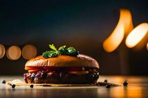 a hamburger with cheese and tomato on a wooden table. AI-Generated photo