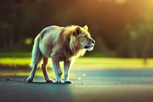 un león caminando en el la carretera a puesta de sol. generado por ai foto