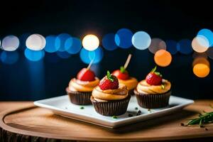 three cupcakes with strawberries on a plate. AI-Generated photo