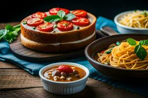 spaghetti with tomato sauce and bread on a wooden table. AI-Generated photo