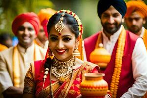 a bride in traditional indian attire is smiling. AI-Generated photo