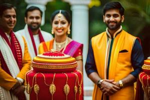 a couple in traditional indian attire with their friends. AI-Generated photo