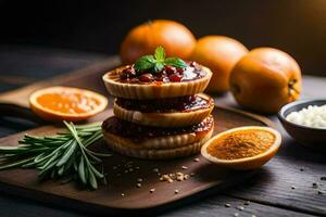 a stack of mini pies with oranges and spices. AI-Generated photo