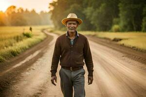 an older man in a hat walking down a dirt road. AI-Generated photo