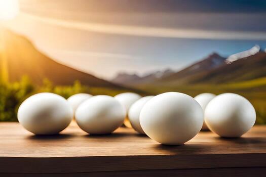eggs on a table in front of mountains. AI-Generated photo