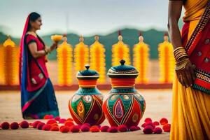 un mujer en tradicional indio vestir es en pie siguiente a vistoso jarrones generado por ai foto