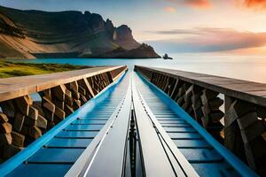 un azul puente terminado el Oceano con montañas en el antecedentes. generado por ai foto